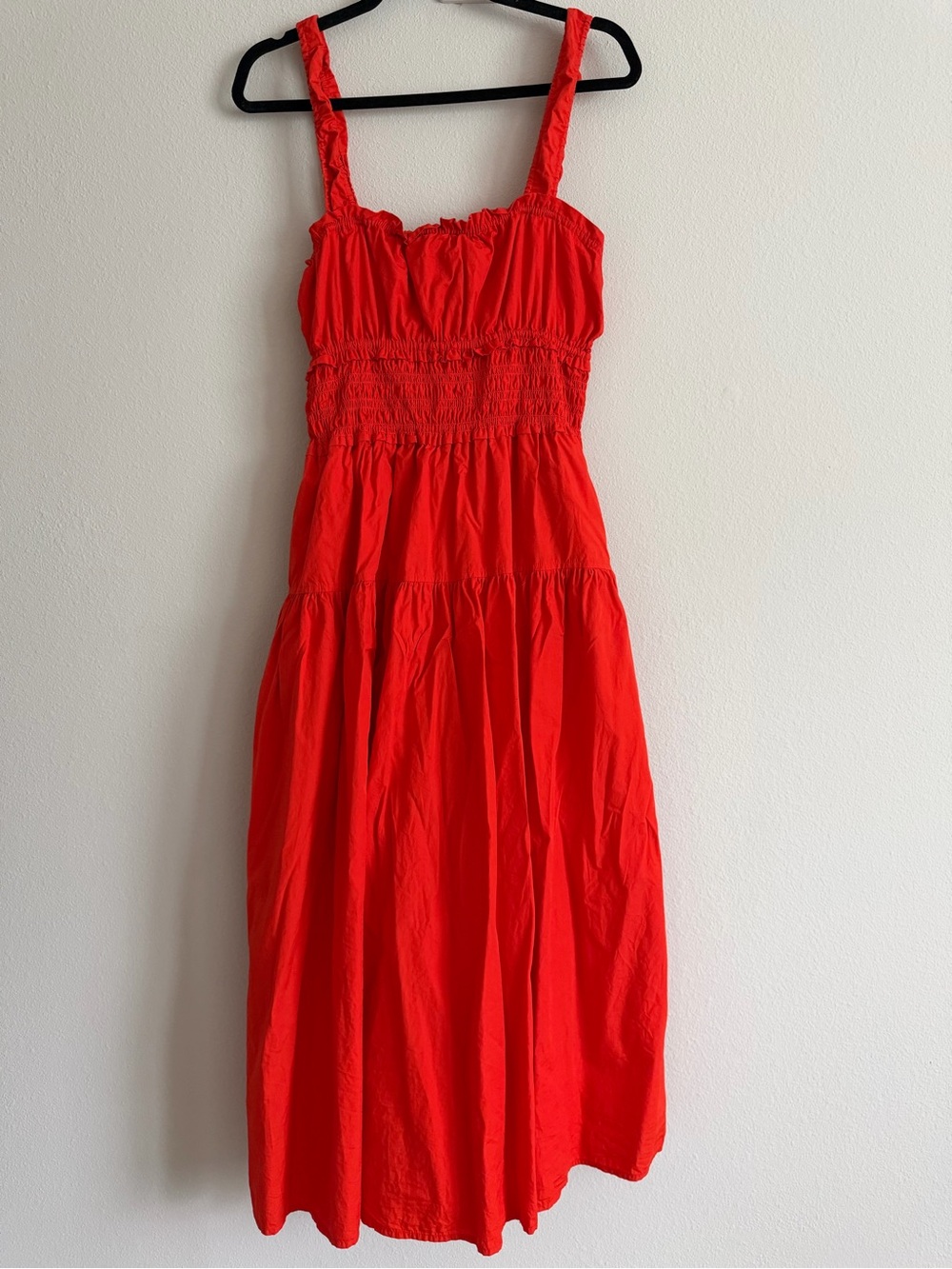 Aritzia Red Smocked Midi Dress with Ruffled Straps